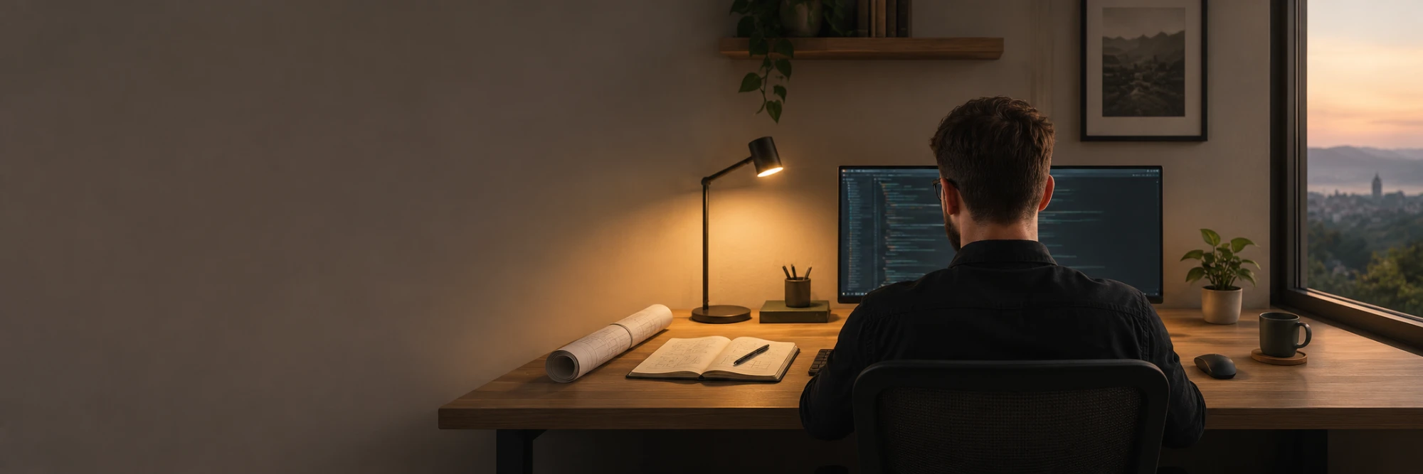 A man working at a desk at dusk, a lamp lit beside an open notebook
